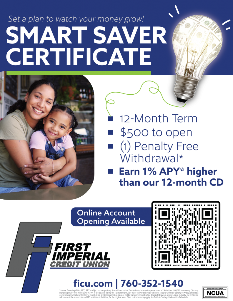 Smart Saver Certificate, 12-month term, $500 to open, earn 1% APY higher than our 12-month CD
